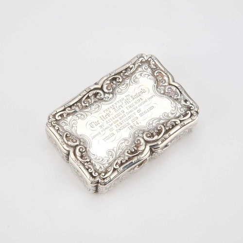 413 - AN EARLY VICTORIAN SILVER TABLE SNUFF BOX by Nathaniel Mills, Birmingham 1842, of shaped rectangular... 