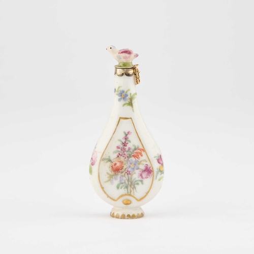 51 - A 19TH CENTURY PORCELAIN SCENT BOTTLE IN CHELSEA STYLE the flask painted to either side with a flora... 