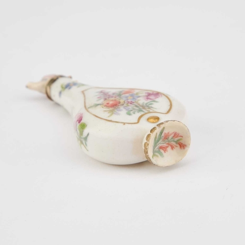 51 - A 19TH CENTURY PORCELAIN SCENT BOTTLE IN CHELSEA STYLE the flask painted to either side with a flora... 