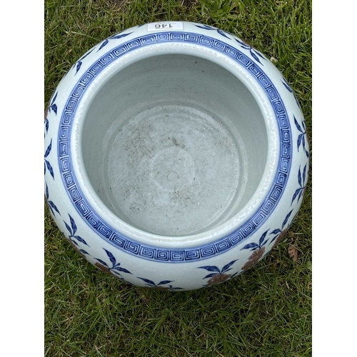 76 - A LARGE CHINESE UNDERGLAZE-BLUE AND COPPER-RED CENSER circular, painted with a Key pattern border ar... 