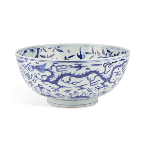 91 - A LARGE CHINESE BLUE AND WHITE BOWL bearing Jiajing mark and possibly of the period, the exterior pa... 