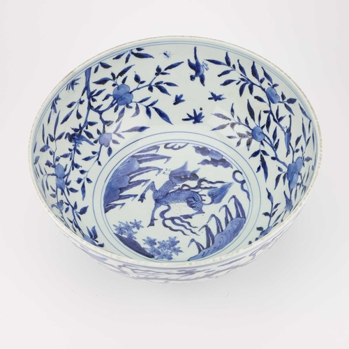 91 - A LARGE CHINESE BLUE AND WHITE BOWL bearing Jiajing mark and possibly of the period, the exterior pa... 