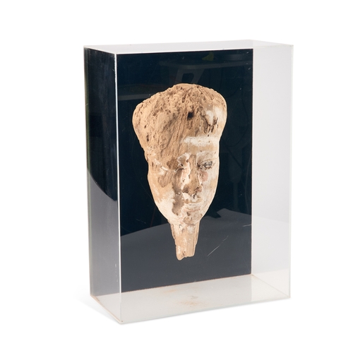 1 - A CARVED WOOD SARCOPHAGUS MASK in a display case. Case 54cm high, 39cm wide, 19cm deep