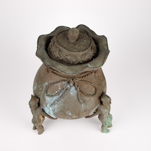 113 - A CHINESE ARCHAISTIC STYLE BRONZE TRIPOD CENSER in the form of a sack with three figural feet. 31cm ... 