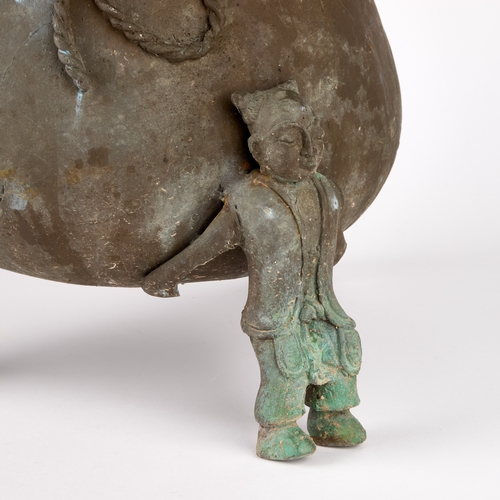 113 - A CHINESE ARCHAISTIC STYLE BRONZE TRIPOD CENSER in the form of a sack with three figural feet. 31cm ... 