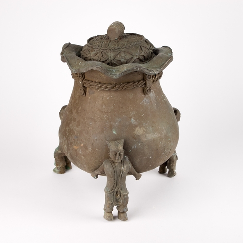 113 - A CHINESE ARCHAISTIC STYLE BRONZE TRIPOD CENSER in the form of a sack with three figural feet. 31cm ... 