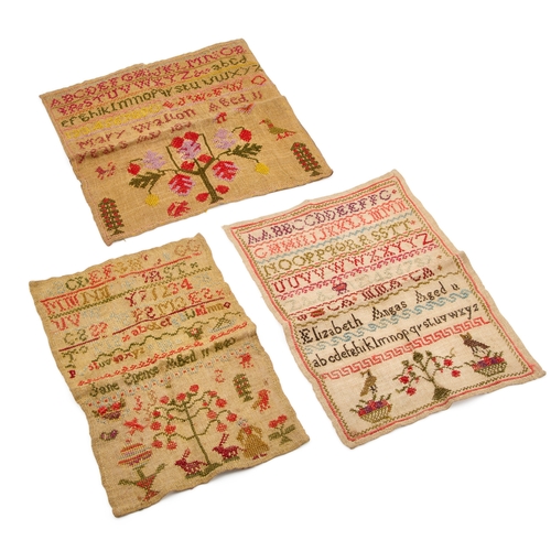 12 - THREE VICTORIAN NEEDLEWORK SAMPLERS unframed. (3) Square sampler 26cmThe square sampler has been bac... 