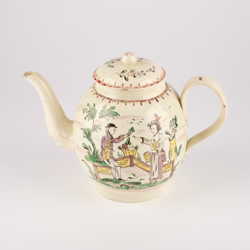 46 - A LARGE LEEDS CREAMWARE TEAPOT AND COVER, CIRCA 1770 painted with a gentleman handing a flower to a ... 