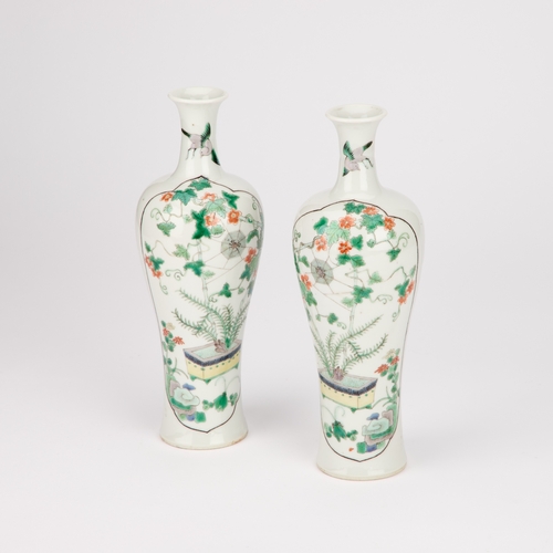 56 - A PAIR OF CHINESE FAMILLE VERTE VASES, CIRCA 1900 of slender baluster form with waisted necks, under... 