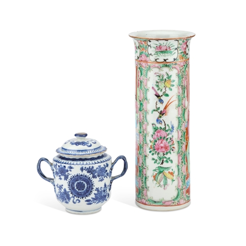 77 - AN 18TH CENTURY CHINESE BLUE AND WHITE SUCRIER with entwined strap handles; together with a 19th Cen... 