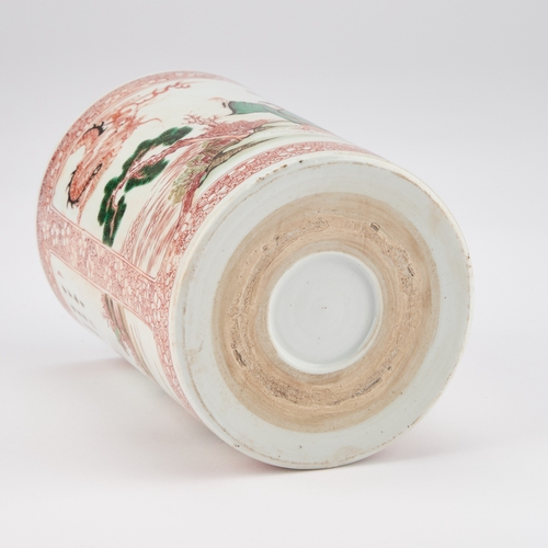 79 - A CHINESE FAMILLE VERTE BRUSHPOT cylindrical, decorated with scholars and animals, within red-painte... 