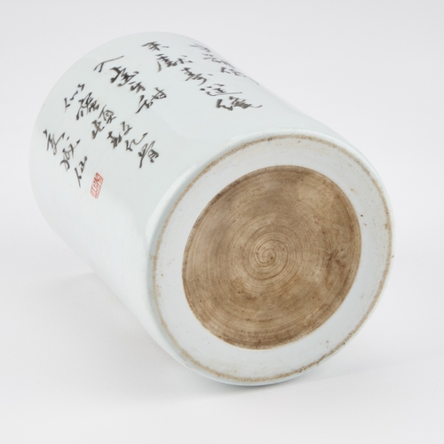 80 - A CHINESE INSCRIBED BRUSHPOT cylindrical, painted with a figure. 13cm high