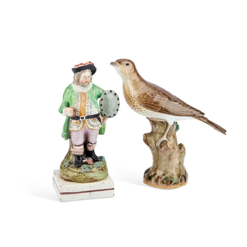 113 - A MEISSEN MODEL OF A BIRD AND A 19TH CENTURY STAFFORDSHIRE FIGURE OF FALSTAFF (2) Tallest 21.5cm hig... 