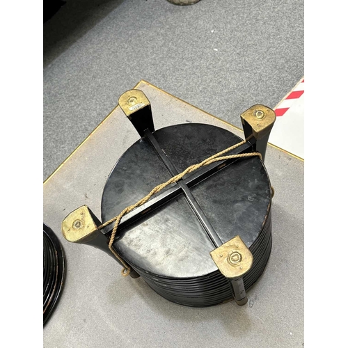 197 - A JAPANESE LACQUER STORAGE BOX (KARABITSU) of ribbed cylindrical form raised on four splayed support... 