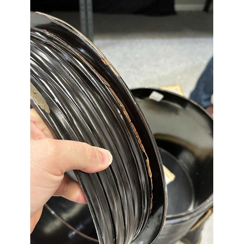 197 - A JAPANESE LACQUER STORAGE BOX (KARABITSU) of ribbed cylindrical form raised on four splayed support... 