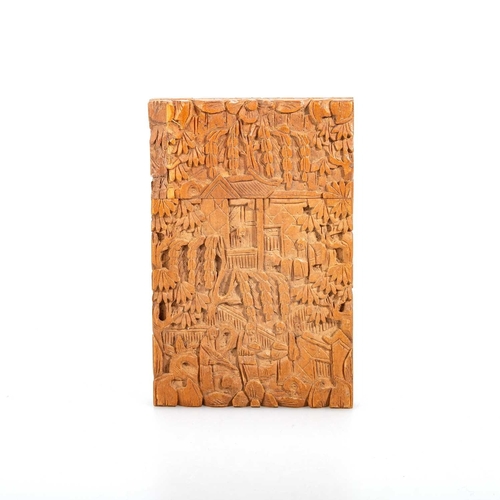 201 - A CHINESE CARVED SANDALWOOD CARD CASE, 19TH CENTURY rectangular with pull-off cover. 11cm by 7cm... 