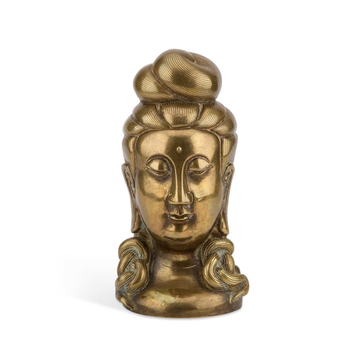 209 - A BRONZE BUST OF GUANYIN 20th Century, depicted with her hair in a top bun with side tresses. 20cm h... 
