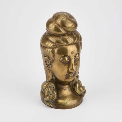 209 - A BRONZE BUST OF GUANYIN 20th Century, depicted with her hair in a top bun with side tresses. 20cm h... 