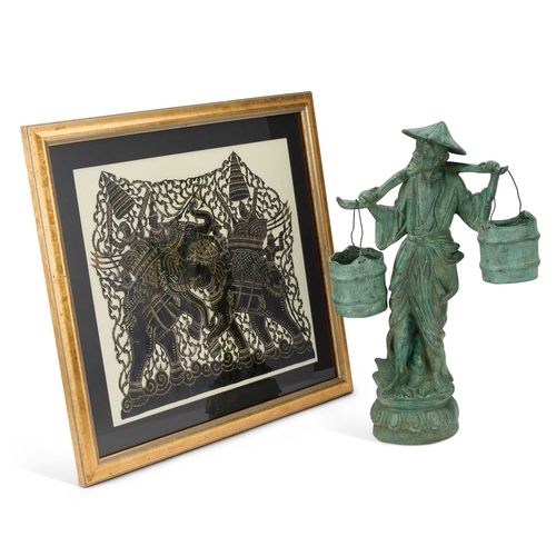 210 - A JAPANESE BRONZE FIGURE OF A WATER CARRIER together with an Indian cut-leather picture of caparison... 