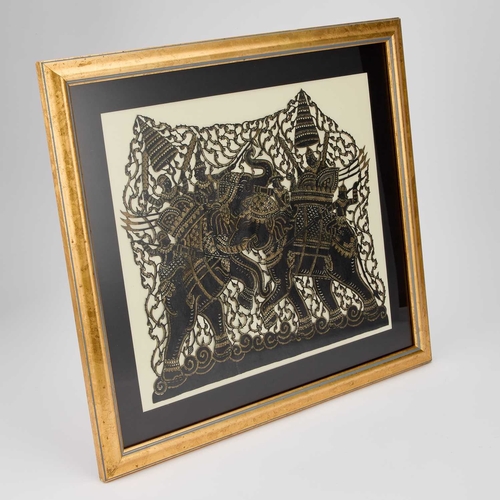 210 - A JAPANESE BRONZE FIGURE OF A WATER CARRIER together with an Indian cut-leather picture of caparison... 