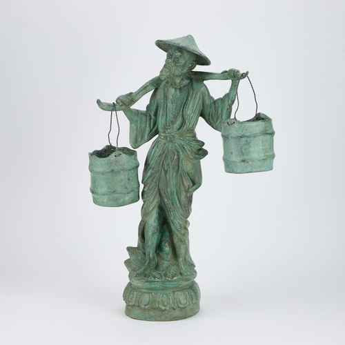 210 - A JAPANESE BRONZE FIGURE OF A WATER CARRIER together with an Indian cut-leather picture of caparison... 