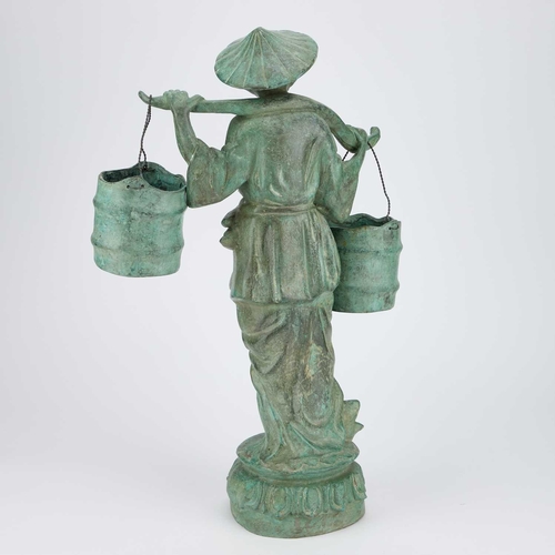 210 - A JAPANESE BRONZE FIGURE OF A WATER CARRIER together with an Indian cut-leather picture of caparison... 