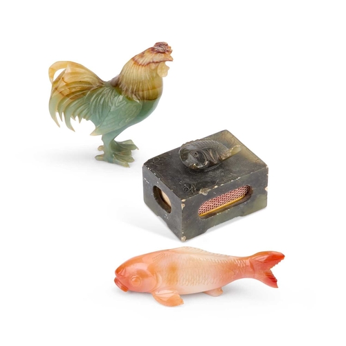 216 - A CHINESE HARDSTONE CARVING OF A FISH together with a carving of a cockerel and a carved matchbox sl... 