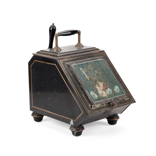 217 - A VICTORIAN TOLE COAL BOX with shovel. 44cm high overall