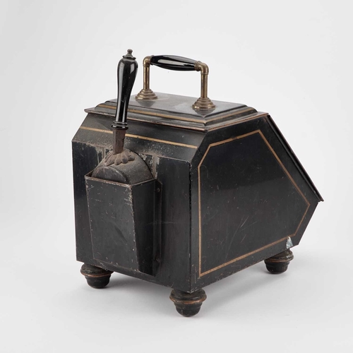 217 - A VICTORIAN TOLE COAL BOX with shovel. 44cm high overall