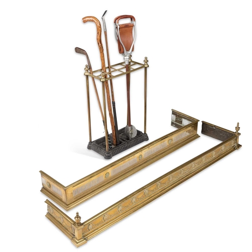 223 - TWO EDWARDIAN BRASS FENDERS, AN EDWARDIAN BRASS STICKSTAND, SHOOTING STICK, GOLF CLUBS, ETC. (Qty) L... 