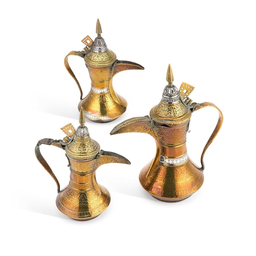 225 - THREE COPPER DALLAH COFFEE POTS possibly 19th Century. (3) Tallest 31cm