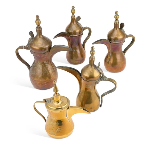 226 - FIVE BRASS DALLAH COFFEE POTS (5) Tallest 29cm