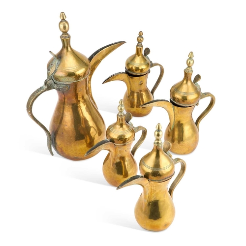 227 - FIVE BRASS DALLAH COFFEE POTS (5) Tallest 40cm