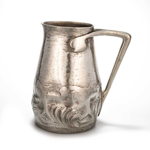 235 - A LIBERTY & CO TUDRIC PEWTER JUG no. 0174, chased with fish amidst waves, the sack-shaped body with ... 