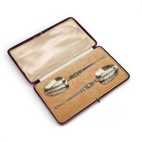 247 - A PAIR OF GEORGE V SILVER, ENAMEL AND PEARL ANOINTING SPOONS by Levi & Salaman, Birmingham 1911,... 