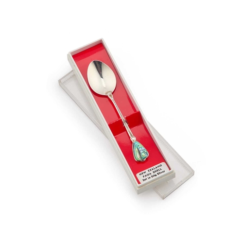 249 - A NEW ZEALAND STERLING SILVER AND PAUA SHELL SPOON cased. 9cm long