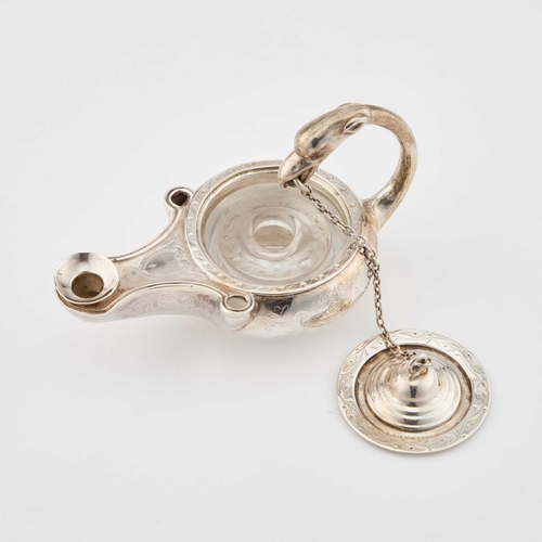 314 - A VICTORIAN SILVER NOVELTY INKWELL by James Charles Edington, London 1868, modelled as an Aladdin's ... 