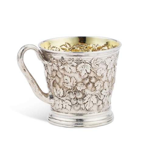 316 - A VICTORIAN SILVER MUG by John Samuel Hunt, London 1849, of straight-sided tapering form, the handle... 