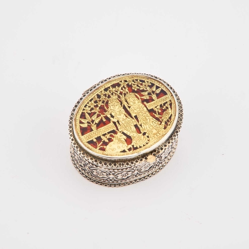 326 - AN INDIAN SILVER-GILT AND ENAMEL THEWA BOX Rajasthan, oval, decorated with figures. 5cm long, 29.5 g... 