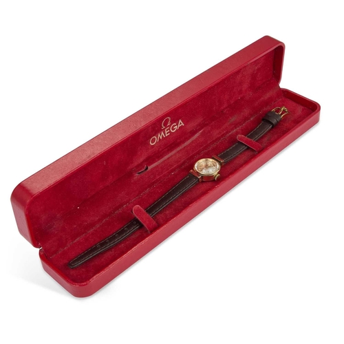 332 - A LADYS GOLD PLATED OMEGA STRAP WATCH circular silver dial signed Omega De Ville with gilt/black bat... 