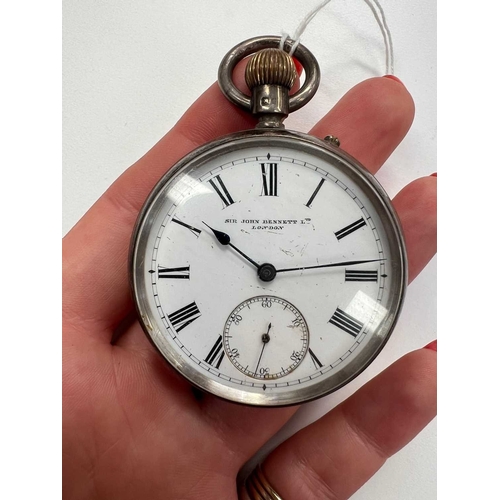 333 - A SILVER OPEN-FACE POCKET WATCH the circular white enamel dial signed Sir John Bennett Ltd London, b... 