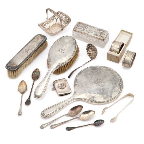 342 - A MIXED LOT OF SILVER including silver-backed brushes, silver swing-handle basket, silver vesta case... 