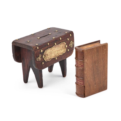 350 - TWO TREEN MONEY BOXES the first in the form of a stool, the second a book. (2) Stool 20cm long... 