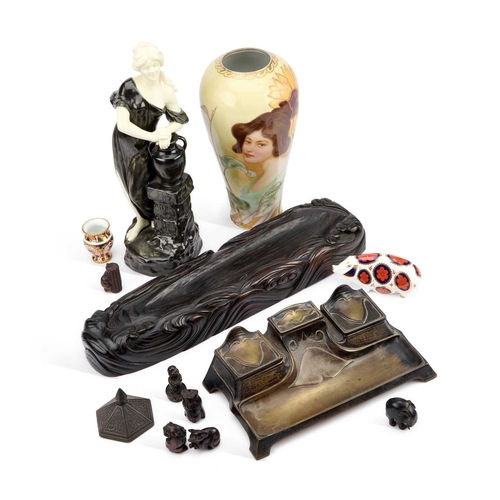 354 - A MIXED LOT including an Art Nouveau inkstand, a Royal Crown Derby pig paperweight, etc. (Qty) Talle... 