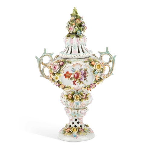 72 - A SITZENDORF PORCELAIN FLORAL-ENCRUSTED VASE AND COVER 28cm high