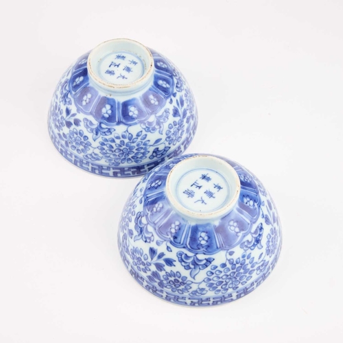 101 - A PAIR OF CHINESE BLUE AND WHITE PORCELAIN TEA BOWLS decorated with floral sprays within a band of c... 