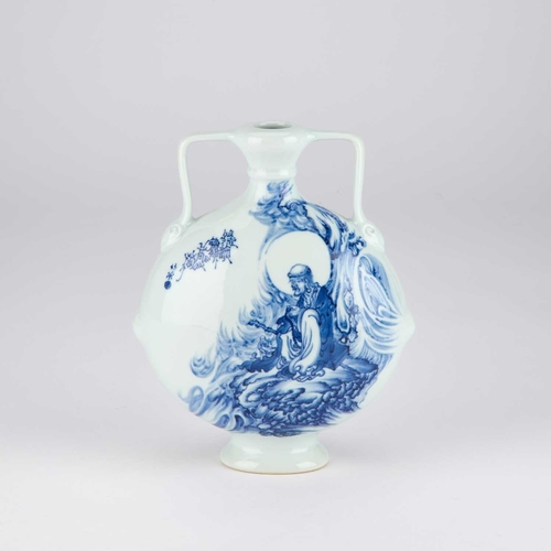 107 - A CHINESE BLUE AND WHITE MOON FLASK decorated front and back with a scholarly figure, bears an under... 