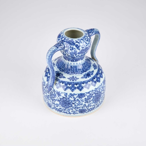 110 - A CHINESE BLUE AND WHITE DOUBLE-GOURD AND 'RUYI' HANDLED LOTUS FLASK Qianlong mark but probably Repu... 