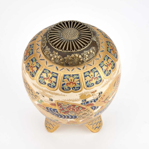 126 - A FINE JAPANESE SATSUMA KORO, MEIJI PERIOD signed, painted and gilded with fans, waves and flowers, ... 