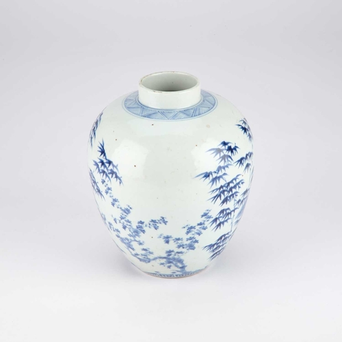 128 - A CHINESE BLUE AND WHITE JAR painted with the three friends of Winter, the neck with a geometric ban... 